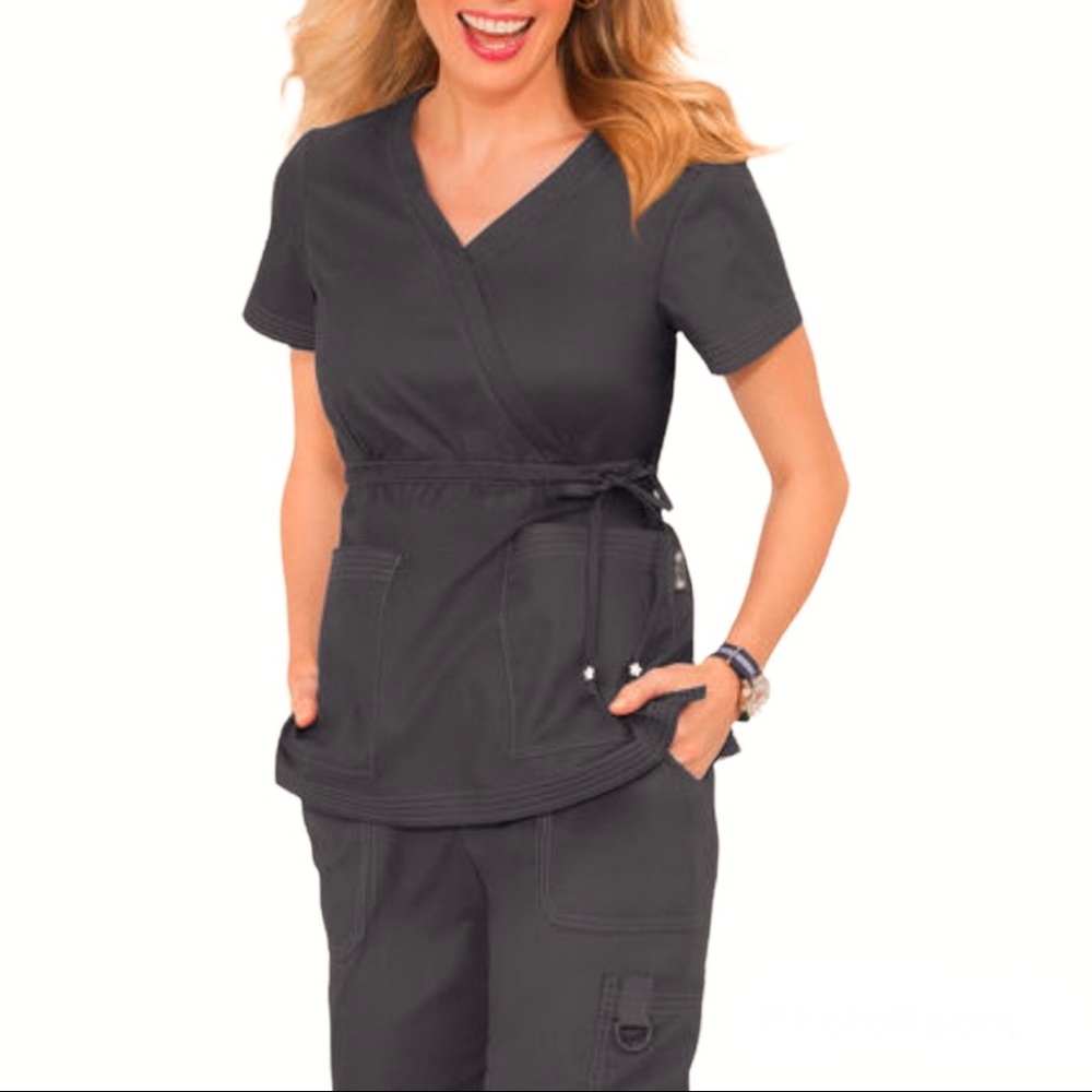 Koi Katelyn Mock-wrap steel grey scrub top (Size XS)